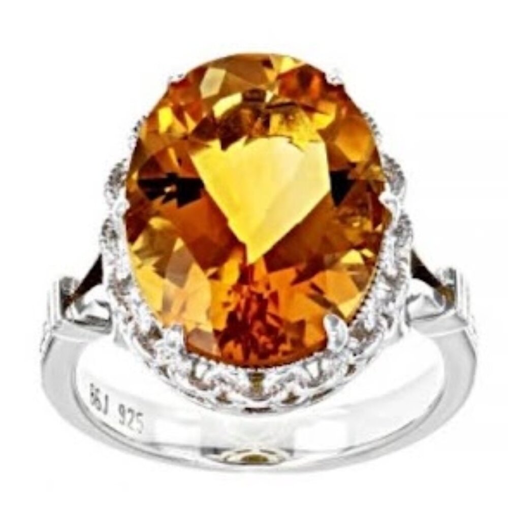6.74CT Oval Citrine Rhodium Over Sterling Silver Solitaire Ring Size 8